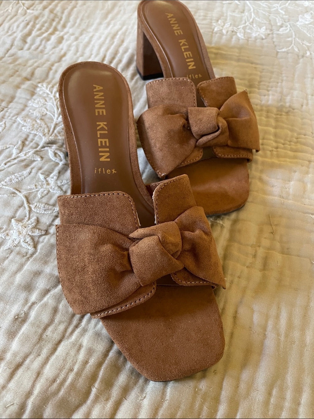 Anne Klein Chestnut Suede Bow Block Heel Slides